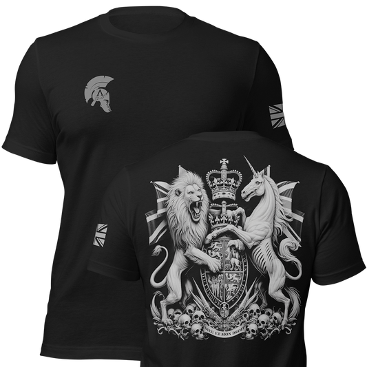 Front and back view of Black short sleeve unisex fit original cotton T-Shirt by Achilles Tactical Clothing Brand printed with Coat of Arms design across back