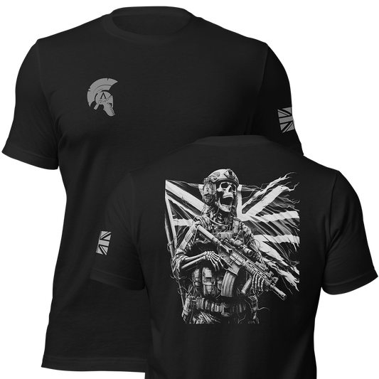 Front and back view of Black short sleeve unisex fit original cotton T-Shirt by Achilles Tactical Clothing Brand printed with Defending the flag design across back