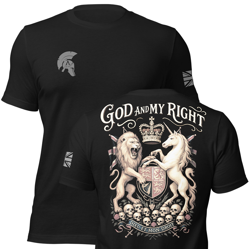 Front and back view of Black short sleeve unisex fit original cotton T-Shirt by Achilles Tactical Clothing Brand printed with Dieu Et Mon Droit design across back