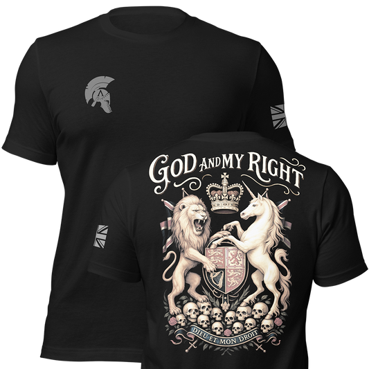 Front and back view of Black short sleeve unisex fit original cotton T-Shirt by Achilles Tactical Clothing Brand printed with Dieu Et Mon Droit design across back