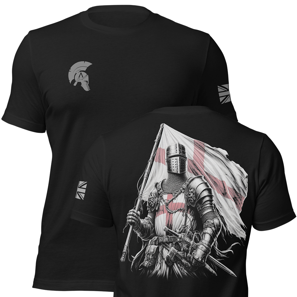 Front and back view of Black short sleeve unisex fit original cotton T-Shirt by Achilles Tactical Clothing Brand printed with English Knight design across back