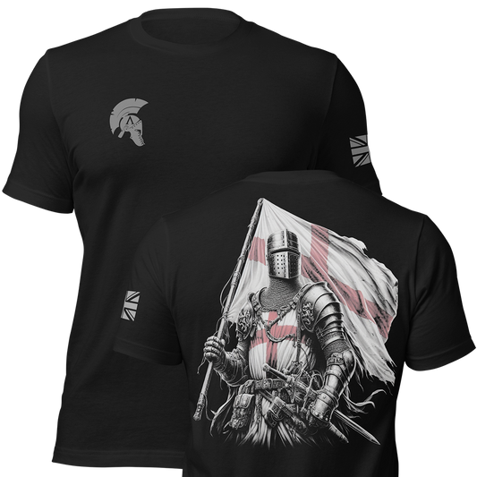 Front and back view of Black short sleeve unisex fit original cotton T-Shirt by Achilles Tactical Clothing Brand printed with English Knight design across back