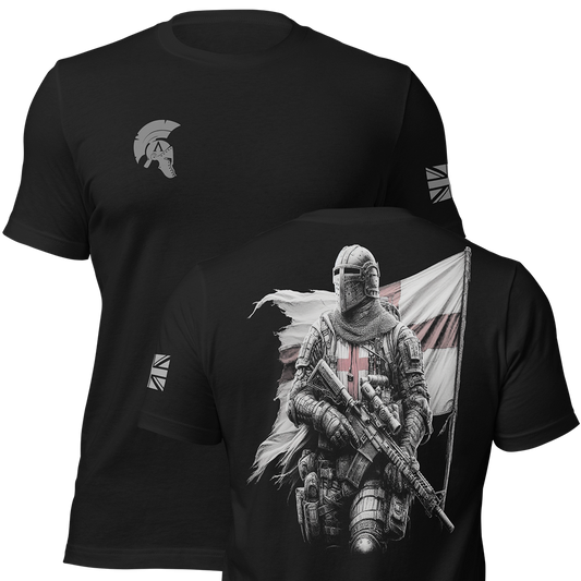 Front and back view of Black short sleeve unisex fit original cotton T-Shirt by Achilles Tactical Clothing Brand printed with English Knight II design across back