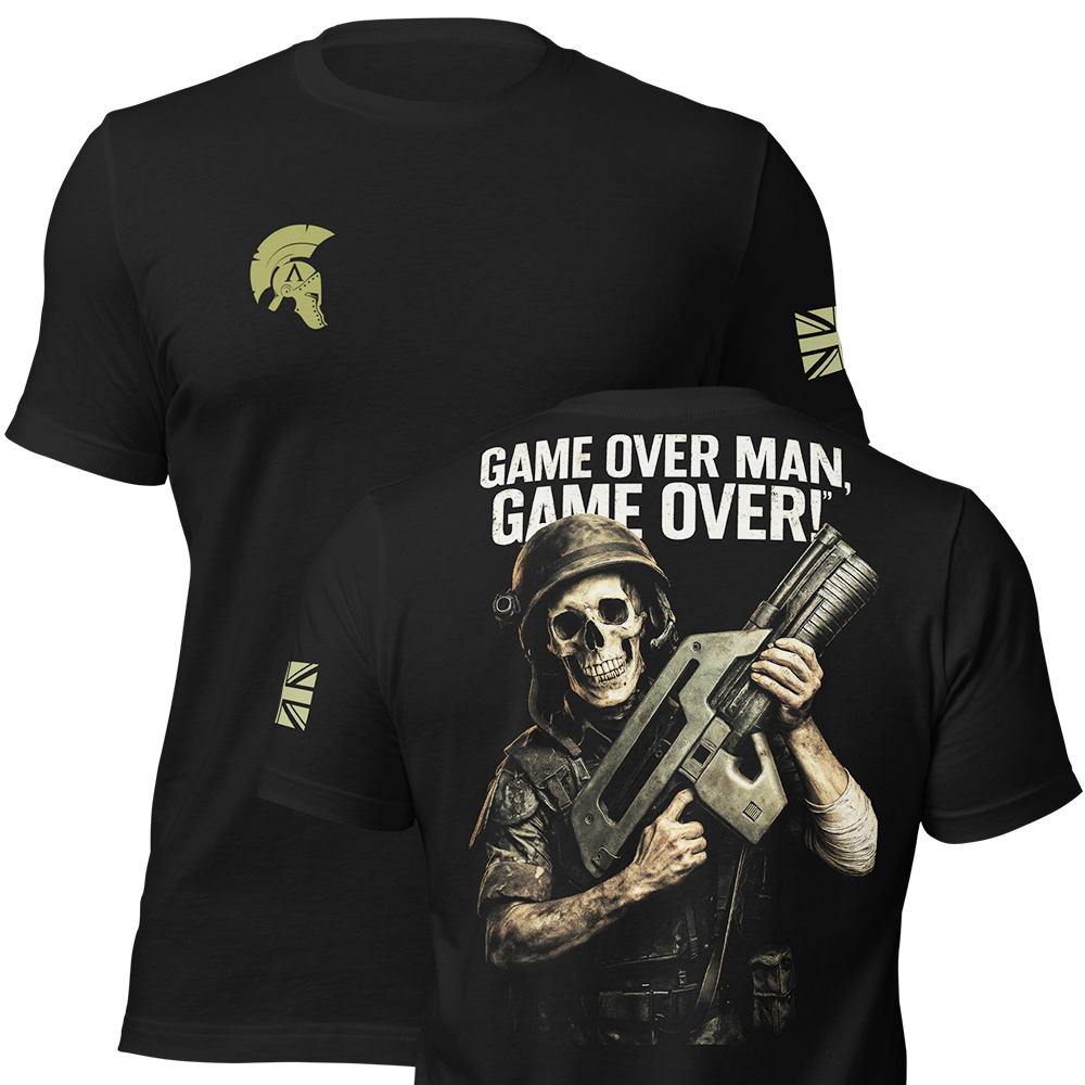 Front and back view of Black short sleeve unisex fit original cotton T-Shirt by Achilles Tactical Clothing Brand printed with Game over design across back