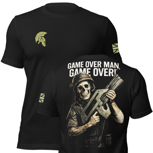 Front and back view of Black short sleeve unisex fit original cotton T-Shirt by Achilles Tactical Clothing Brand printed with Game over design across back