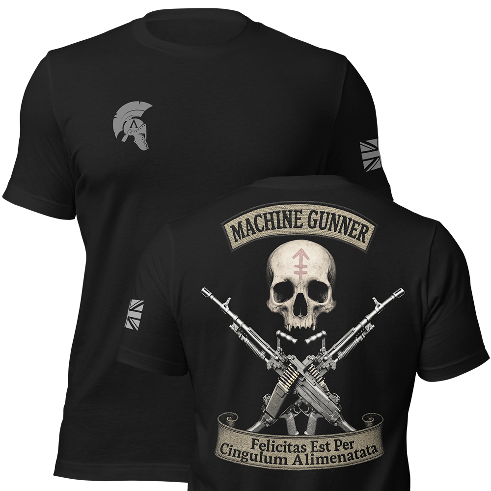 Front and back view of Black short sleeve unisex fit original cotton T-Shirt by Achilles Tactical Clothing Brand printed wi Machine Gunner design across back