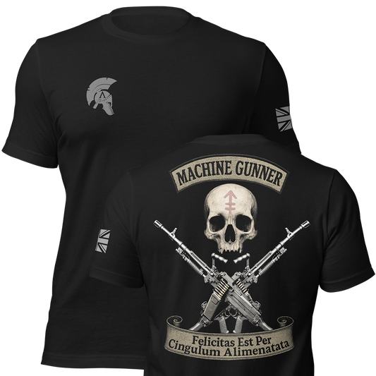 Front and back view of Black short sleeve unisex fit original cotton T-Shirt by Achilles Tactical Clothing Brand printed wi Machine Gunner design across back