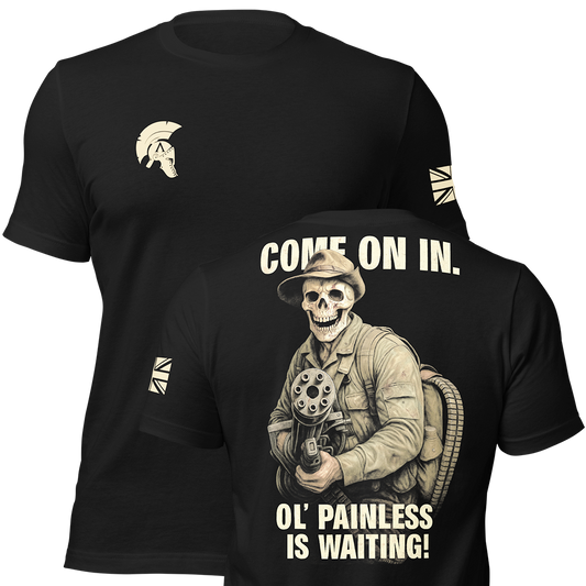 Front and back view of Black short sleeve unisex fit original cotton T-Shirt by Achilles Tactical Clothing Brand printed with Ol' Painless design across back