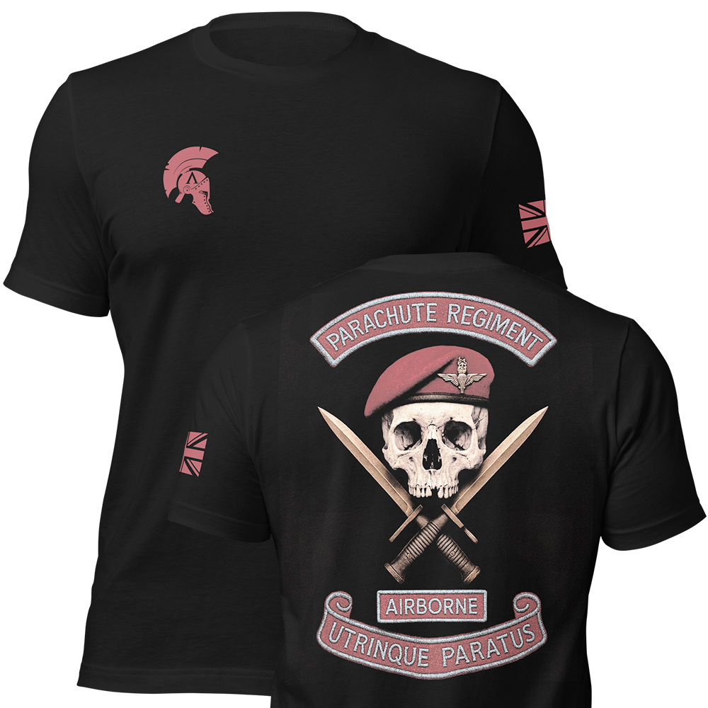 Front and back view of Black short sleeve unisex fit original cotton T-Shirt by Achilles Tactical Clothing Brand printed with Parachute regiment airborne design across back