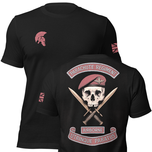 Front and back view of Black short sleeve unisex fit original cotton T-Shirt by Achilles Tactical Clothing Brand printed with Parachute regiment airborne design across back