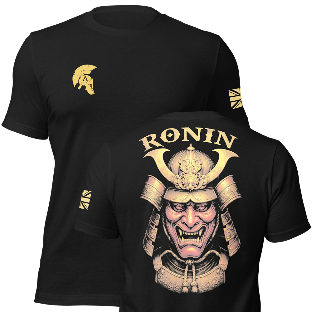 Front and back view of Black short sleeve unisex fit original cotton T-Shirt by Achilles Tactical Clothing Brand printed wi Ronin design across back