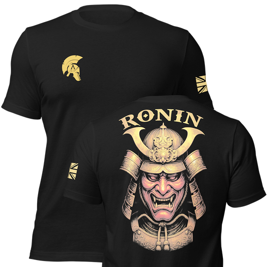 Front and back view of Black short sleeve unisex fit original cotton T-Shirt by Achilles Tactical Clothing Brand printed wi Ronin design across back