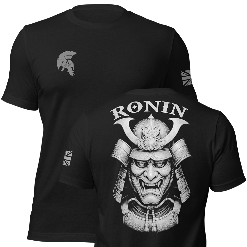 Front and back view of Black short sleeve unisex fit original cotton T-Shirt by Achilles Tactical Clothing Brand printed with Ronin Ghost Grey design across back