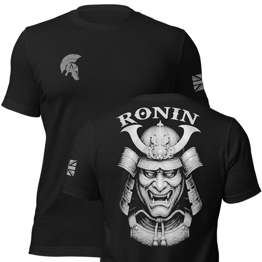 Front and back view of Black short sleeve unisex fit original cotton T-Shirt by Achilles Tactical Clothing Brand printed with Ronin Ghost Grey design across back