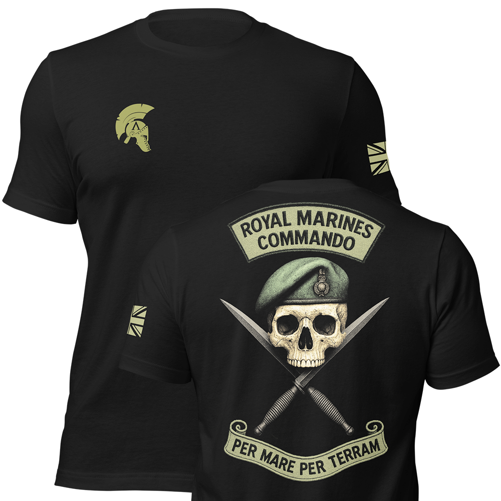 Front and back view of Black short sleeve unisex fit original cotton T-Shirt by Achilles Tactical Clothing Brand printed with Royal marines Commando design across back