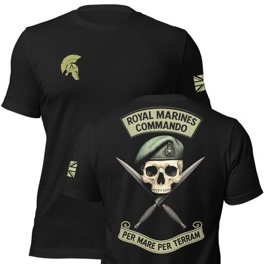 Front and back view of Black short sleeve unisex fit original cotton T-Shirt by Achilles Tactical Clothing Brand printed with Royal marines Commando design across back