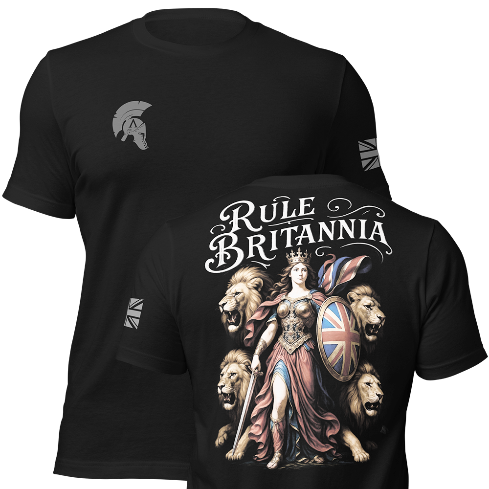 Front and back view of Black short sleeve unisex fit original cotton T-Shirt by Achilles Tactical Clothing Brand printed with Rule Britannia design across back
