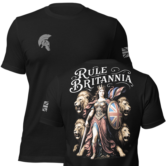 Front and back view of Black short sleeve unisex fit original cotton T-Shirt by Achilles Tactical Clothing Brand printed with Rule Britannia design across back
