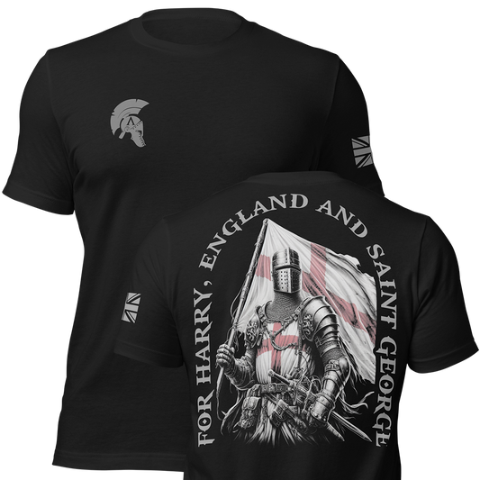 Front and back view of Black short sleeve unisex fit original cotton T-Shirt by Achilles Tactical Clothing Brand printed with Saint George design across back