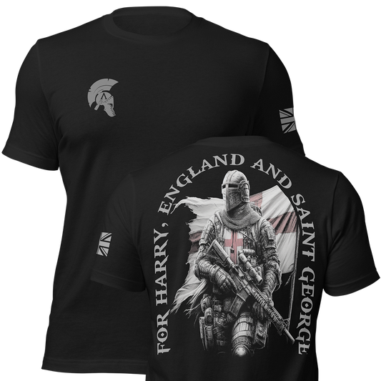 Front and back view of Black short sleeve unisex fit original cotton T-Shirt by Achilles Tactical Clothing Brand printed with Saint George II design across back