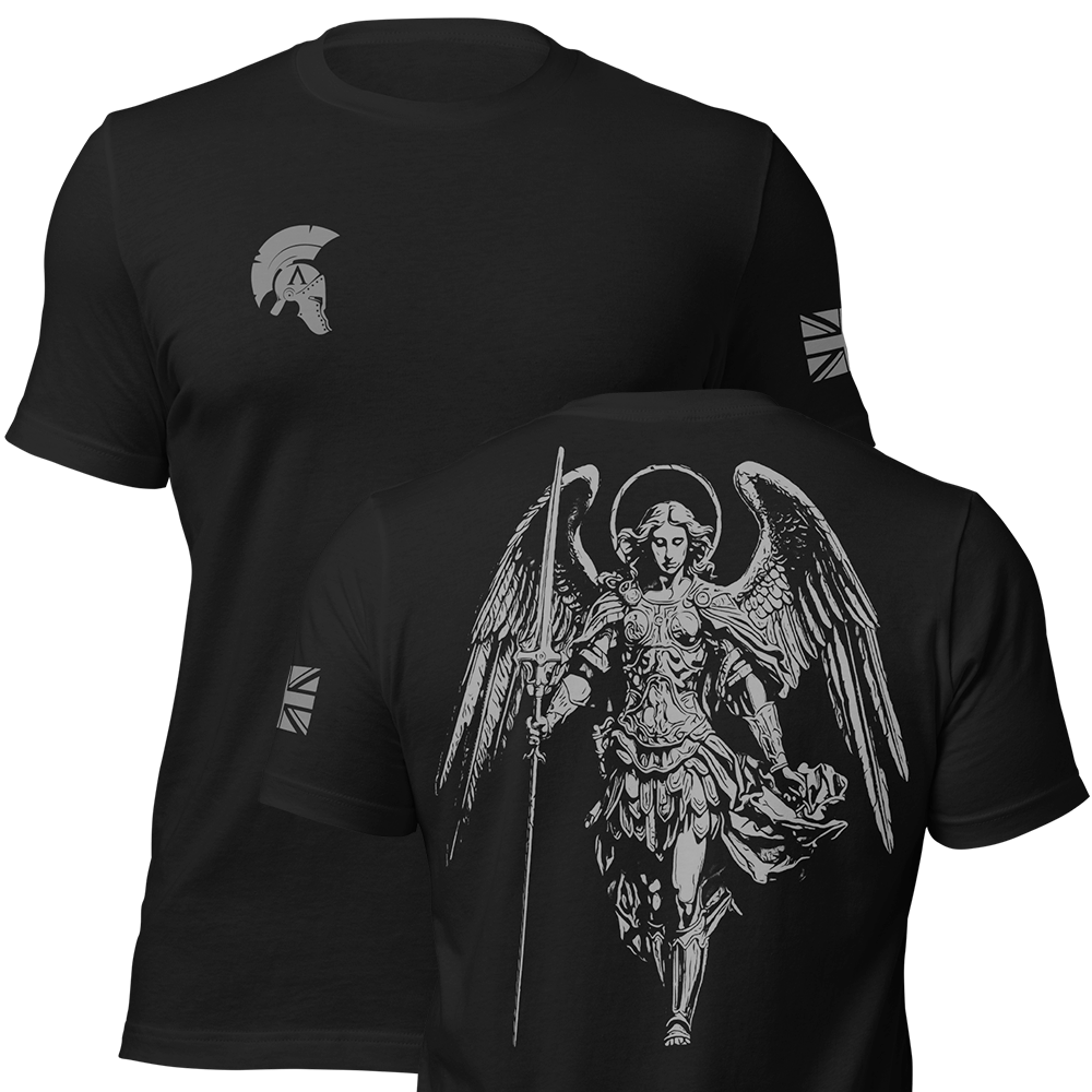 Front and back view of Black short sleeve unisex fit original cotton T-Shirt by Achilles Tactical Clothing Brand printed with Saint Michael design across back