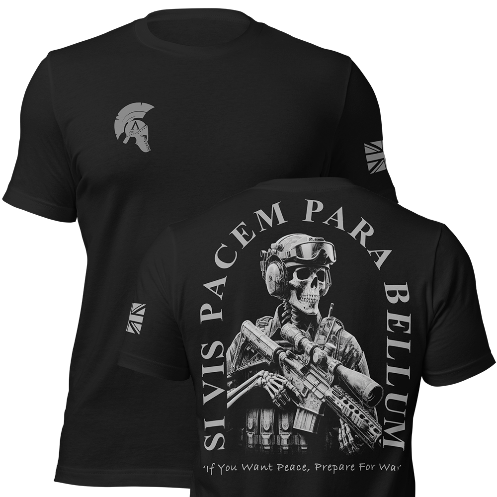 Front and back view of Black short sleeve unisex fit original cotton T-Shirt by Achilles Tactical Clothing Brand printed with Si Vis Pacem Para Bellum design across back