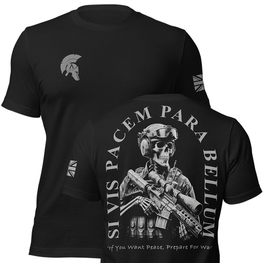 Front and back view of Black short sleeve unisex fit original cotton T-Shirt by Achilles Tactical Clothing Brand printed with Si Vis Pacem Para Bellum design across back