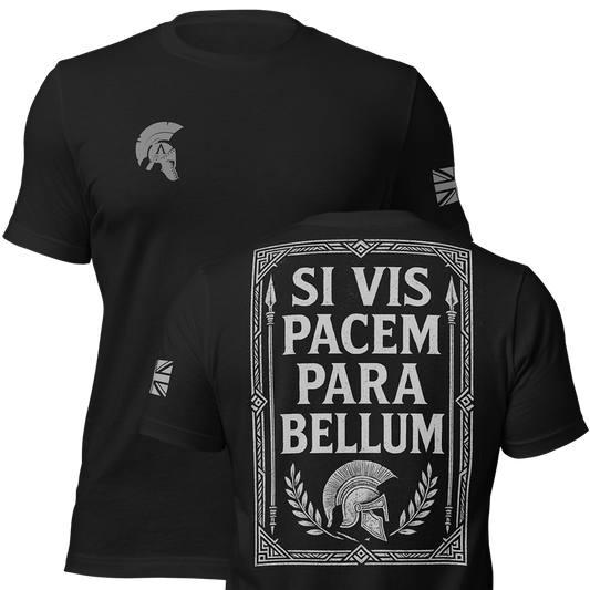 Front and back view of Black short sleeve unisex fit original cotton T-Shirt by Achilles Tactical Clothing Brand printed with Si Vis Pacem Quote design across back