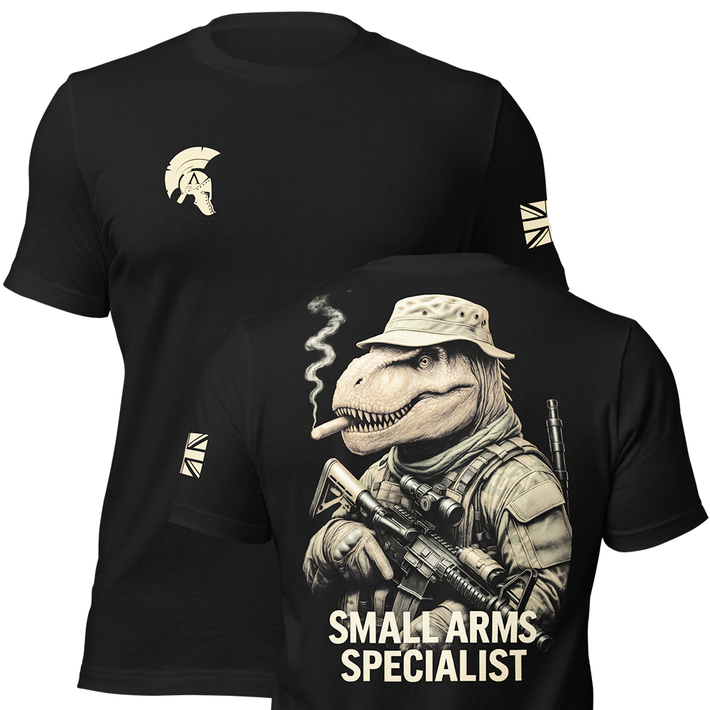 Front and back view of Black short sleeve unisex fit original cotton T-Shirt by Achilles Tactical Clothing Brand printed with Small Arms Specialist design across back