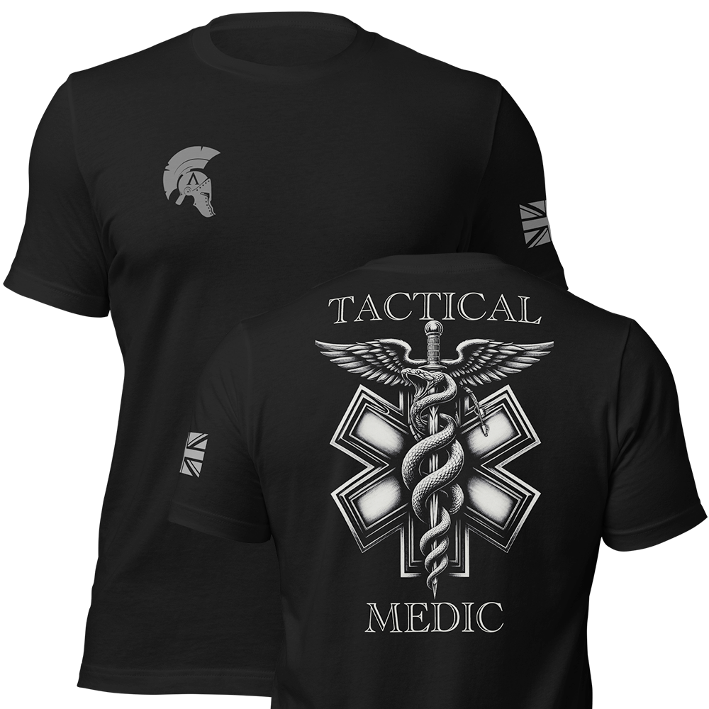 Front and back view of Black short sleeve unisex fit original cotton T-Shirt by Achilles Tactical Clothing Brand printed with Tactical Medic II design across back