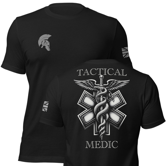 Front and back view of Black short sleeve unisex fit original cotton T-Shirt by Achilles Tactical Clothing Brand printed with Tactical Medic II design across back