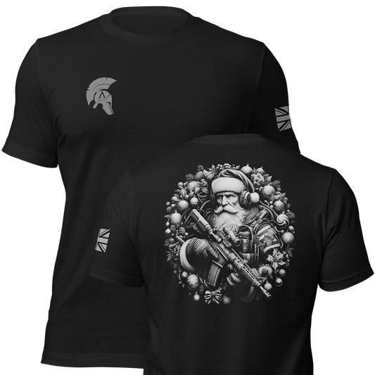 Front and back view of Black short sleeve unisex fit original cotton T-Shirt by Achilles Tactical Clothing Brand printed with Large Tactical Santa design across back