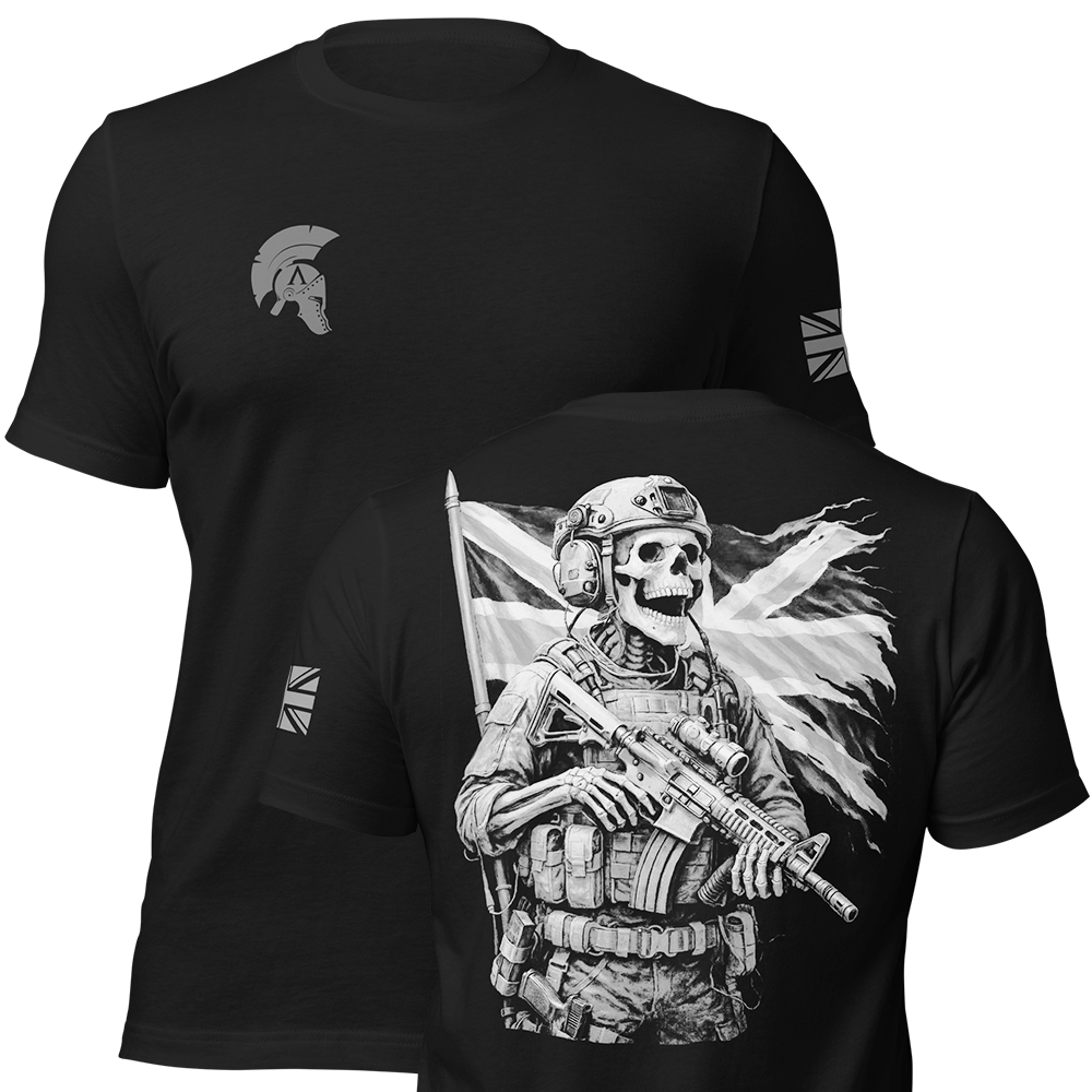 Front and back view of Black short sleeve unisex fit original cotton T-Shirt by Achilles Tactical Clothing Brand printed with The Defender design across back