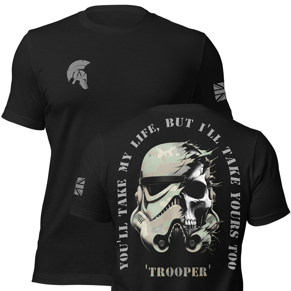 Front and back view of Black short sleeve unisex fit original cotton T-Shirt by Achilles Tactical Clothing Brand printed with The Trooper design across back
