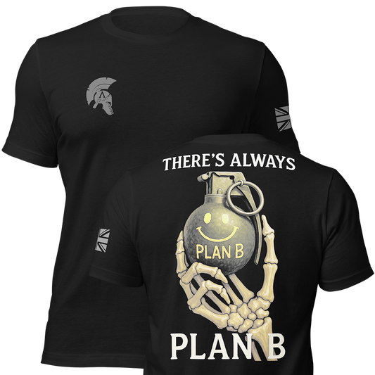 Front and back view of Black short sleeve unisex fit original cotton T-Shirt by Achilles Tactical Clothing Brand printed with There's always plan B design across back