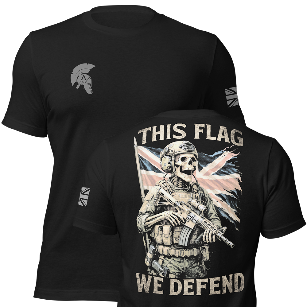 Front and back view of Black short sleeve unisex fit original cotton T-Shirt by Achilles Tactical Clothing Brand printed with This flag we defend design across back