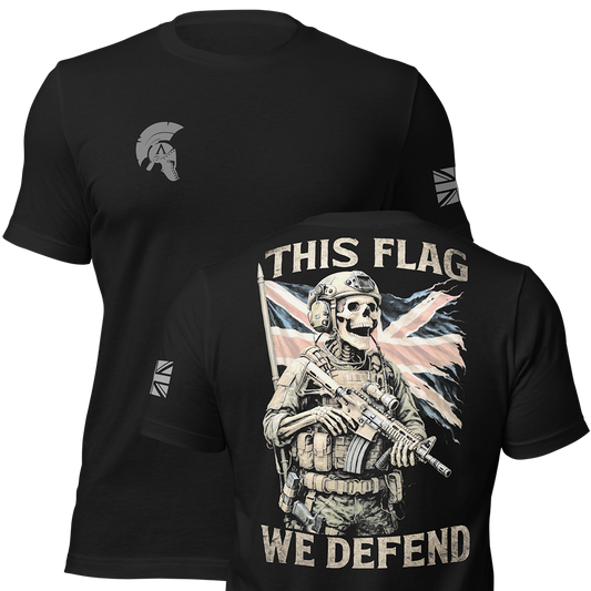 Front and back view of Black short sleeve unisex fit original cotton T-Shirt by Achilles Tactical Clothing Brand printed with This flag we defend design across back