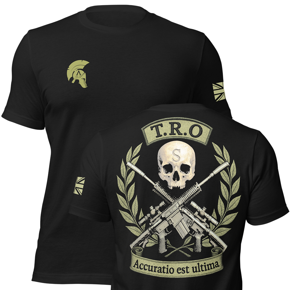Front and back view of Black short sleeve unisex fit original cotton T-Shirt by Achilles Tactical Clothing Brand printed with TRO design across back