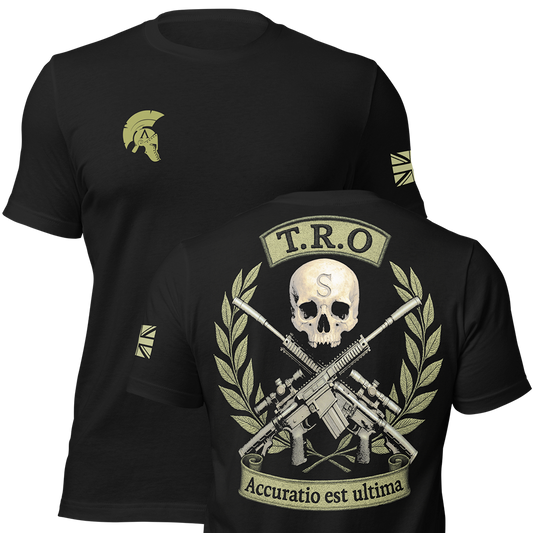 Front and back view of Black short sleeve unisex fit original cotton T-Shirt by Achilles Tactical Clothing Brand printed with TRO design across back
