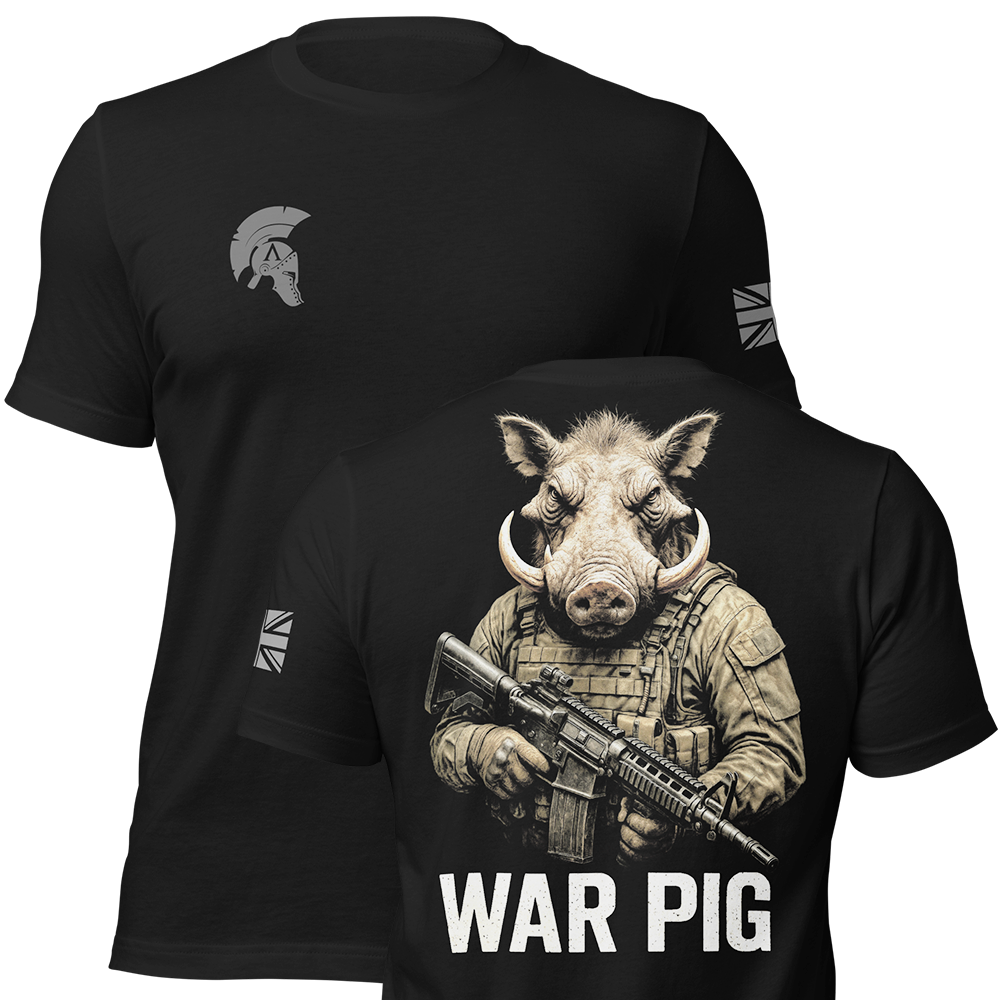 Front and back view of Black short sleeve unisex fit original cotton T-Shirt by Achilles Tactical Clothing Brand printed with War Pig design across back