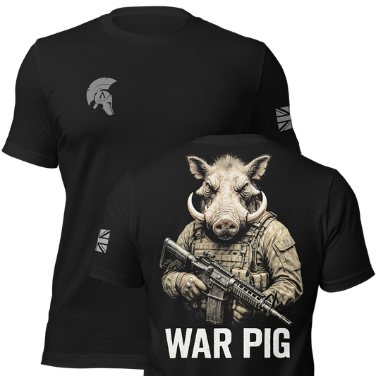 Front and back view of Black short sleeve unisex fit original cotton T-Shirt by Achilles Tactical Clothing Brand printed with War Pig design across back