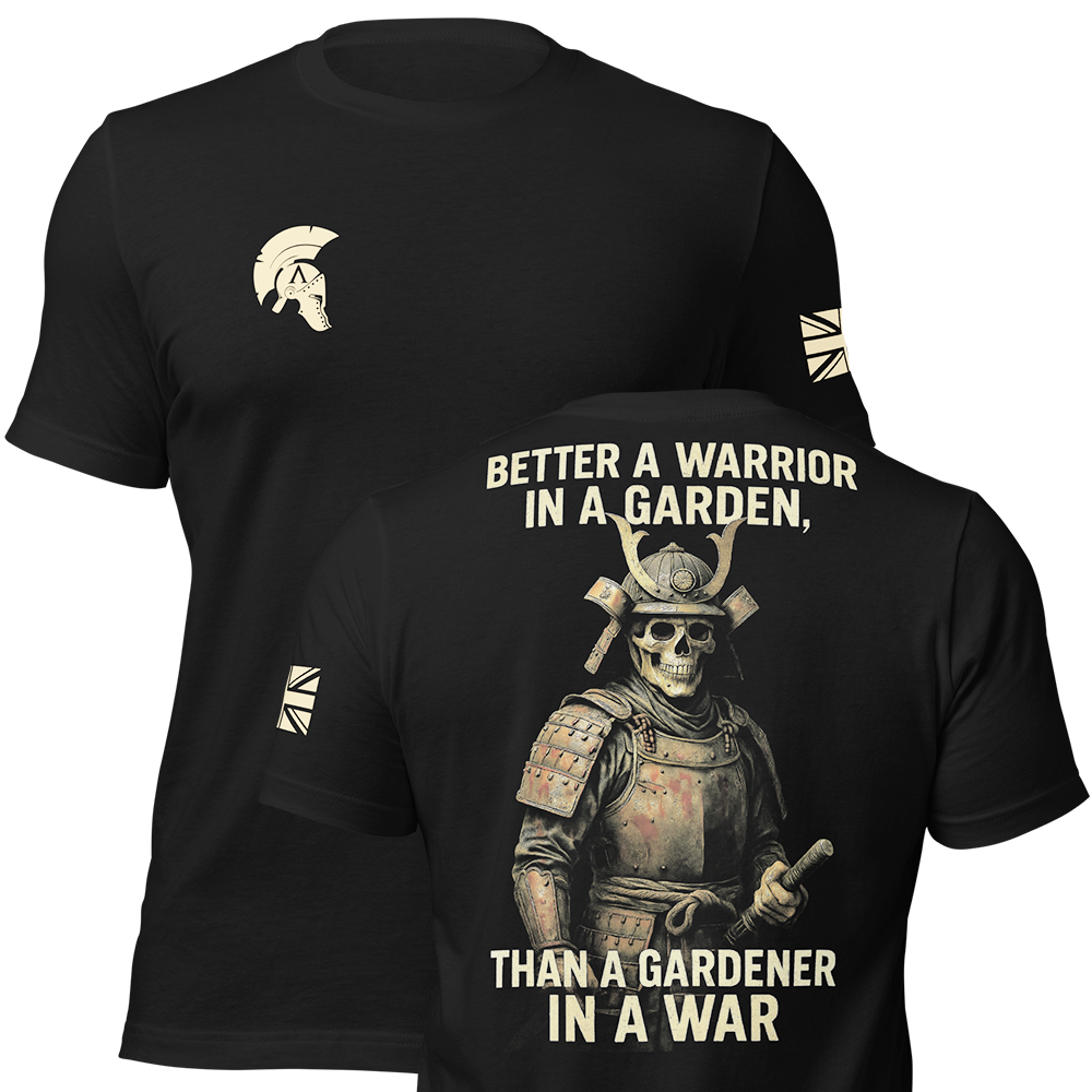 Front and back view of Black short sleeve unisex fit original cotton T-Shirt by Achilles Tactical Clothing Brand printed with Warrior in a garden design across back