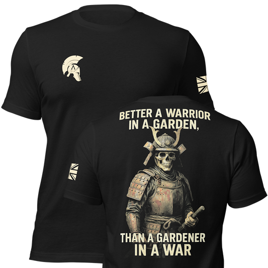 Front and back view of Black short sleeve unisex fit original cotton T-Shirt by Achilles Tactical Clothing Brand printed with Warrior in a garden design across back