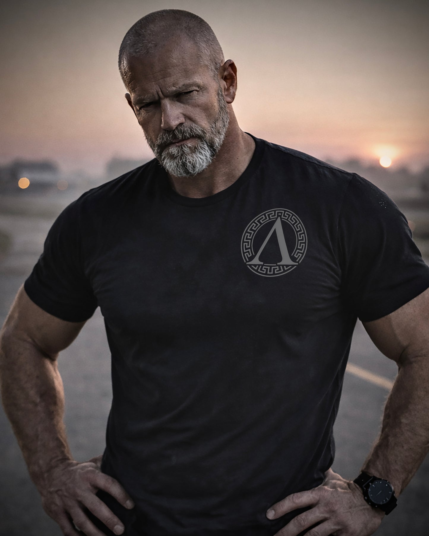 Front view of man wearing black Achilles T-shirt printed with roundel logo on chest
