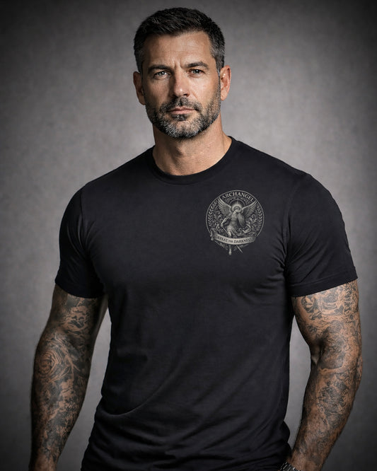 Front of man wearing black Achilles T-shirt printed with Archangel motif
