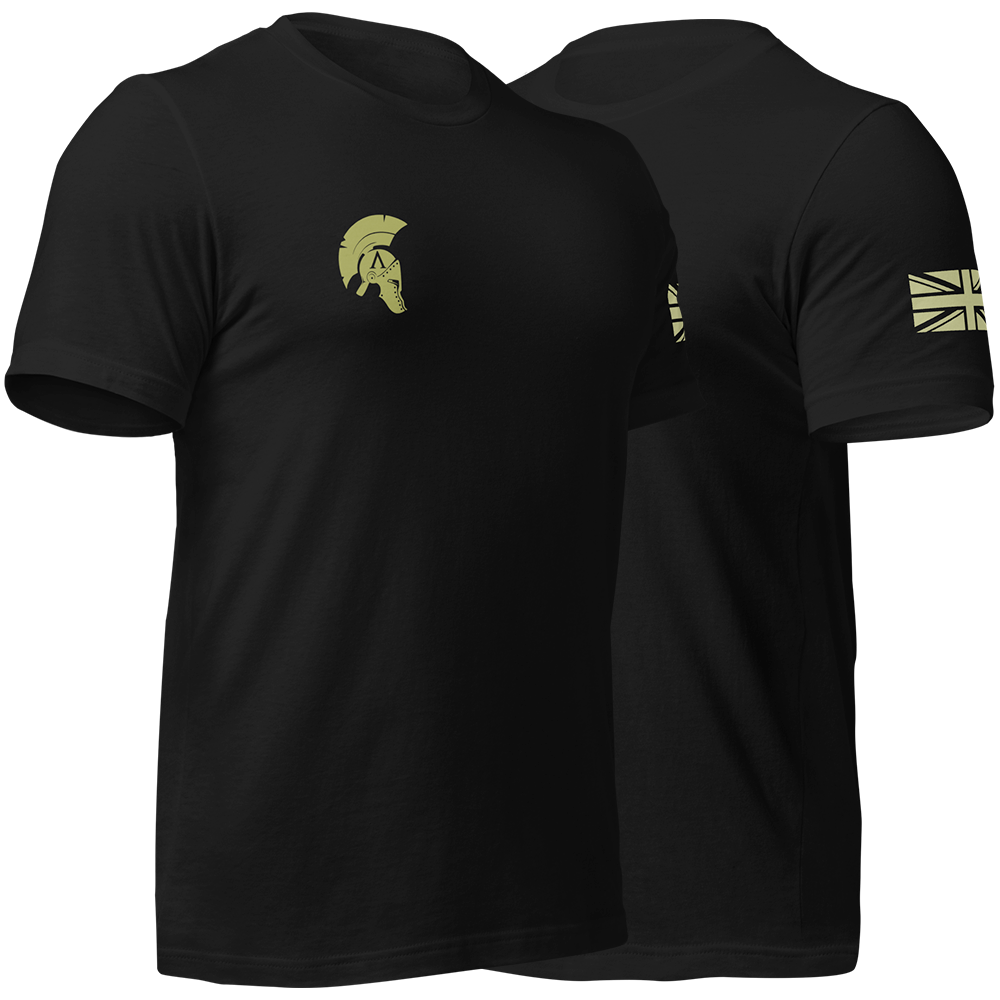 Front right and left view of Black short sleeve unisex fit original cotton T-Shirt by Achilles Tactical Clothing Brand printed with Game over design across back