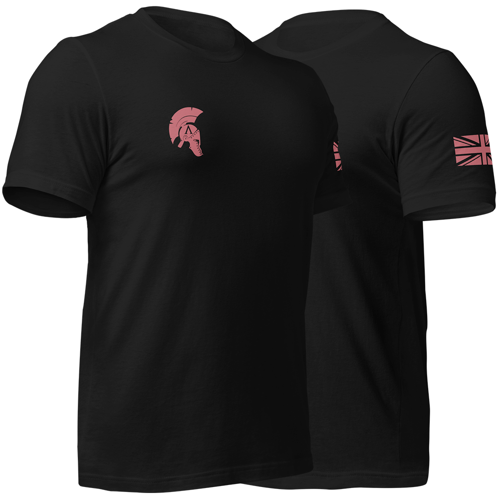 Front right and left view of Black short sleeve unisex fit original cotton T-Shirt by Achilles Tactical Clothing Brand printed with Parachute regiment airborne design across back