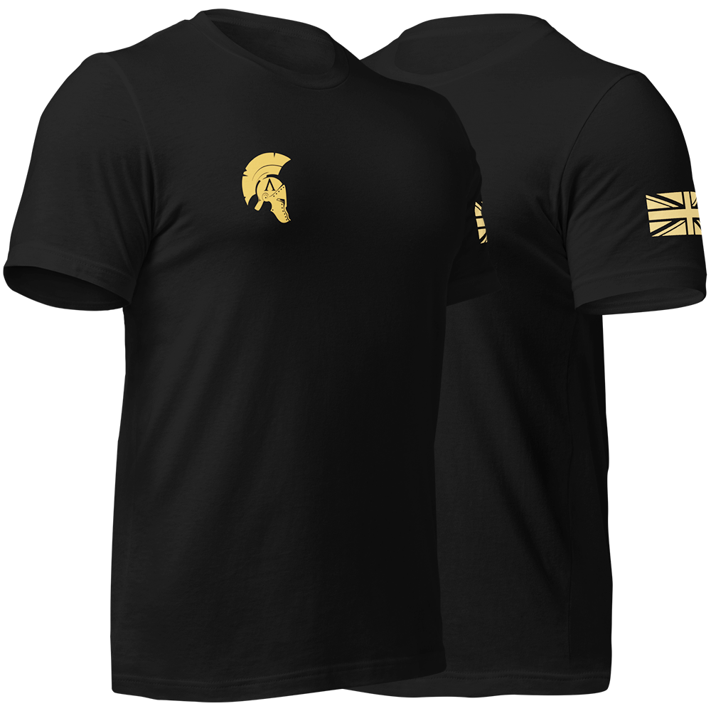 Front right and left view of Black short sleeve unisex fit original cotton T-Shirt by Achilles Tactical Clothing Brand printed wi Ronin design across back