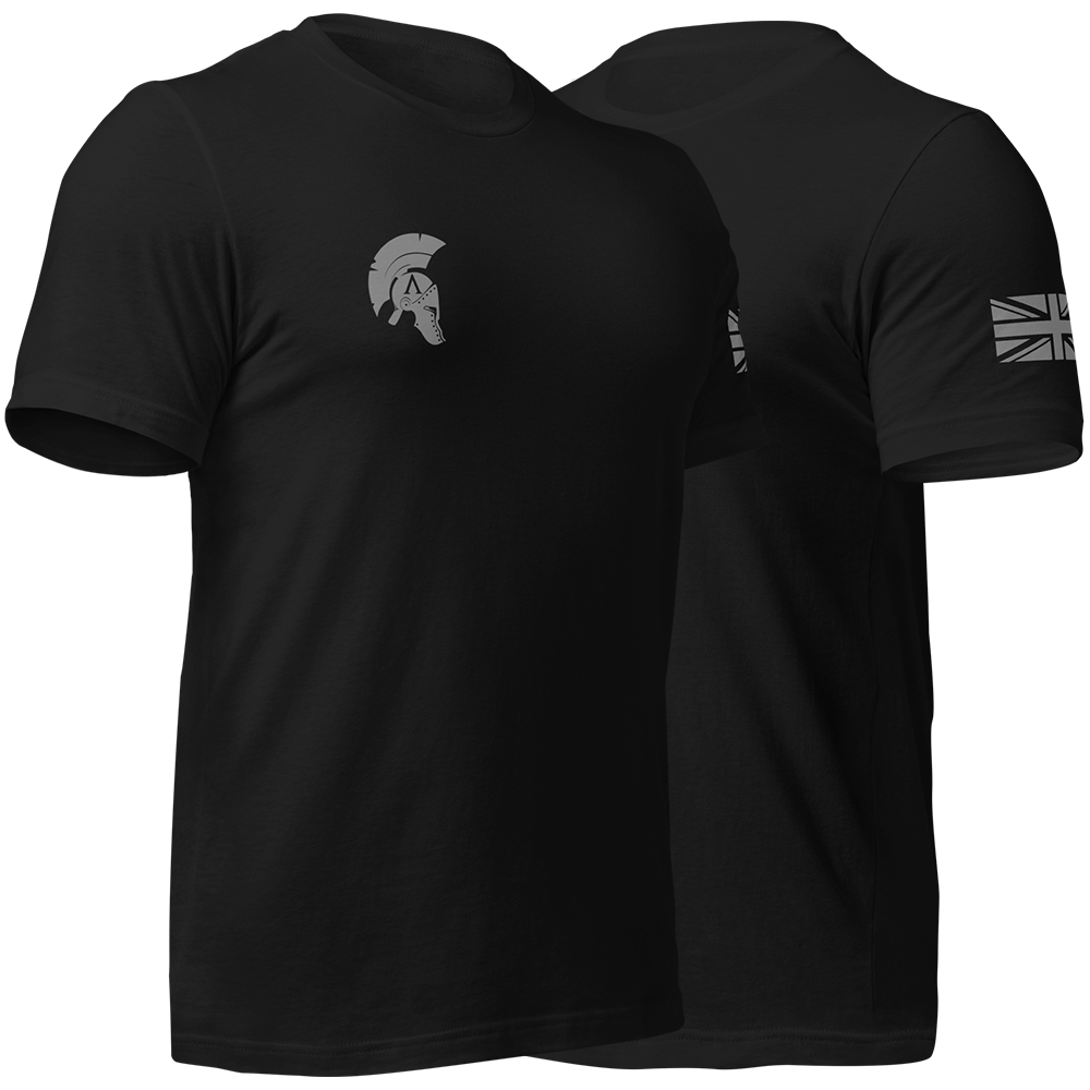 Front right and left view of Black short sleeve unisex fit original cotton T-Shirt by Achilles Tactical Clothing Brand printed with Saint Michael design across back