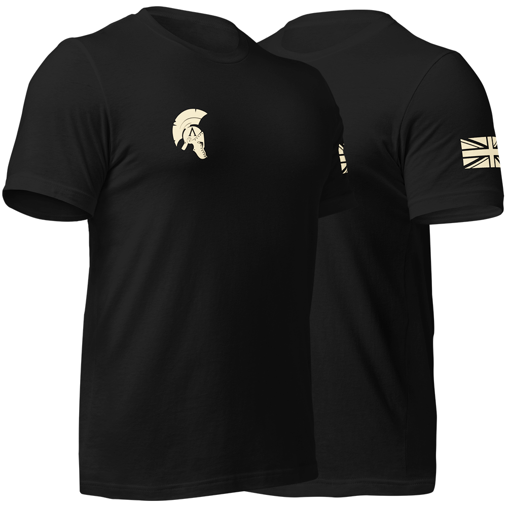 Front right and left view of Black short sleeve unisex fit original cotton T-Shirt by Achilles Tactical Clothing Brand printed with Small Arms Specialist design across back